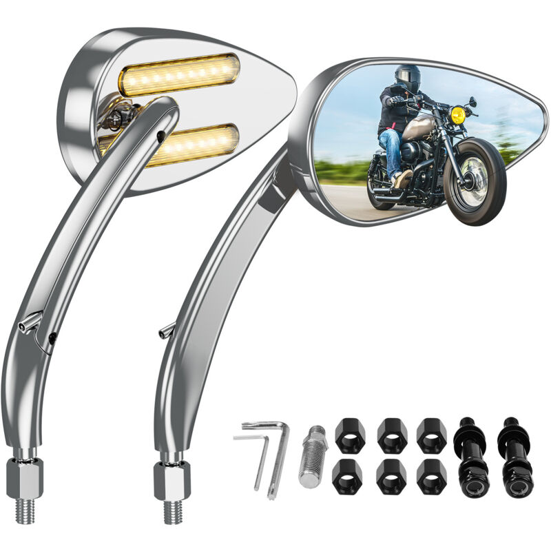 [led-blinker] Motorrad-rückspiegel Mit Beleuchtung, Universeller Silberner Rückspiegel Mit Blinker, Kompatibel Mit Harley-davidson Und Den Meisten Großen Motorrädern.