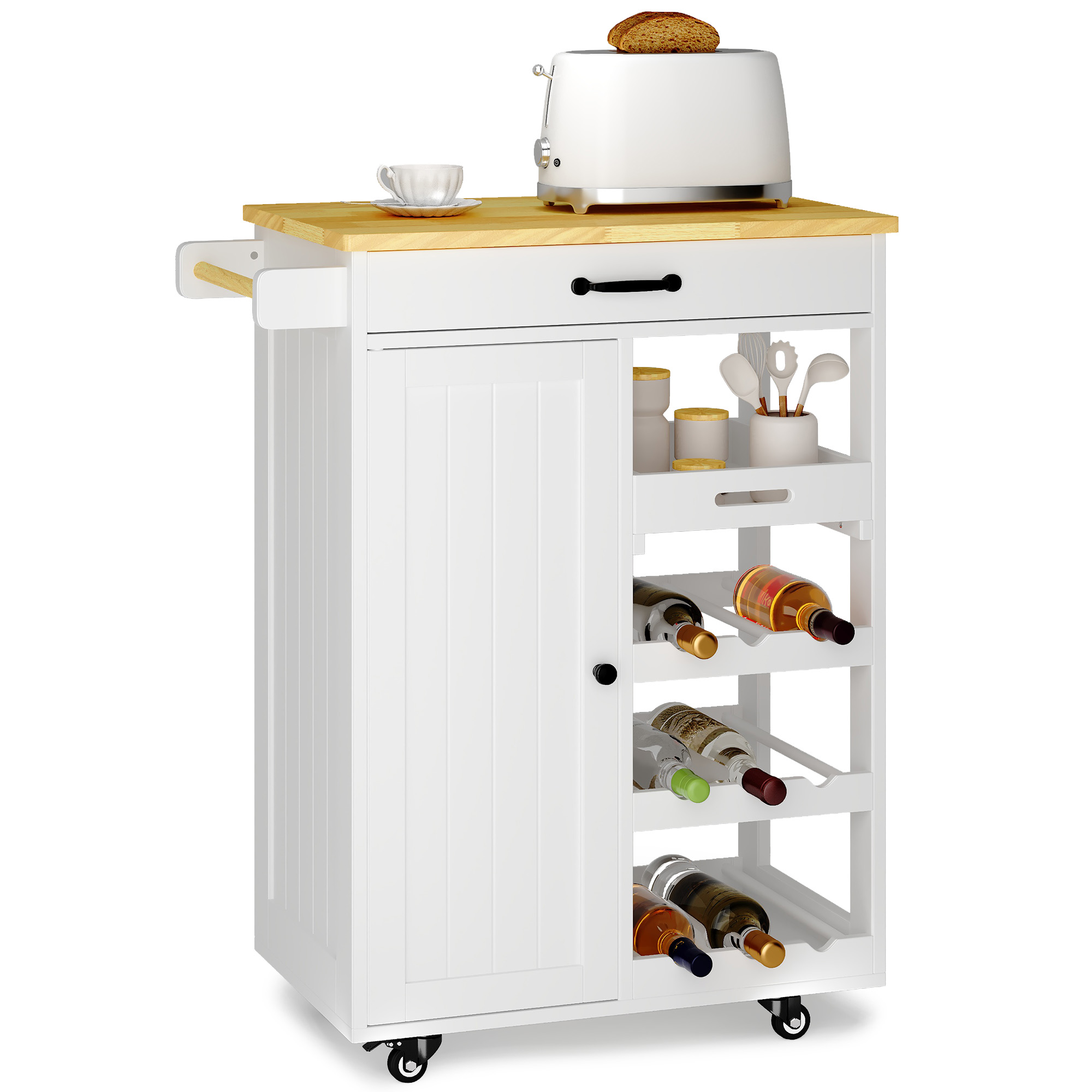 Küchenwagen Bealife Servierwagen Mit 1 Schublade 1 Schranktür Sowie Handtuchstange Haken An Der Seite Verstellbare Ablagen Für Küche Esszimmer Weiß 74,5 X 90,5 X 40 Cm