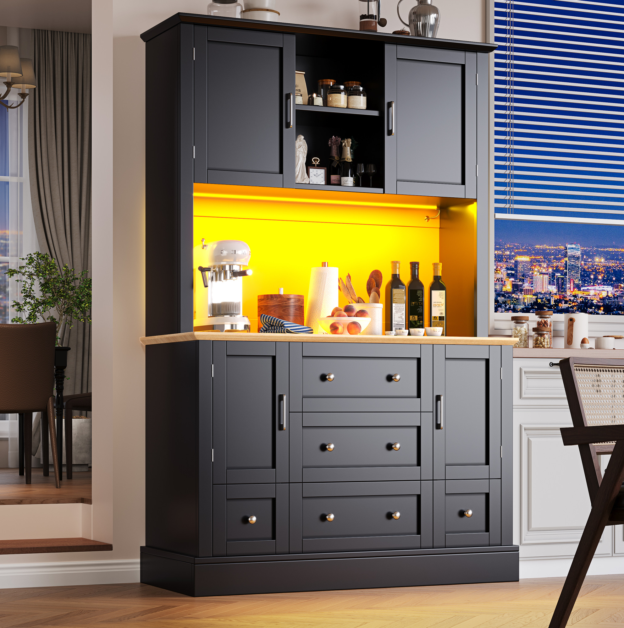 Hochschrank Mdf Schwarz/natur 115 X 40 X 180 Cm Mit 3 Schubladen, Led-beleuchtung, App-steuerung Und Kippschutz