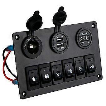 6-fach Schalterpanel Mit 12v-24v Led-digitalvoltmeter, Zwei Usb-ladebuchsen Und Zigarettenanzünderbuchse Für Wohnmobile, Lkws, Boote Und Suvs