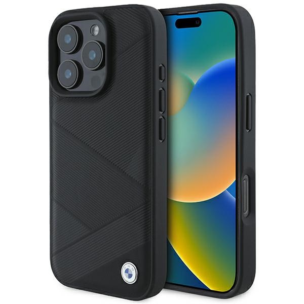Bmw Bmhcp16l23rcgpk Iphone 16 Pro 6,3" Schwarze/schwarze Hartschalen-schutzhülle Aus Leder Mit Gekreuzten Linien