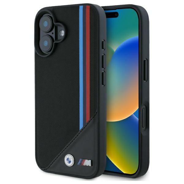 Bmw Bmhmp16s23putrk Iphone 16 6,1" Schwarze/schwarze Hartschalen-hülle Mit M Mesh-design, Dreifarbigen Streifen Und Magsafe