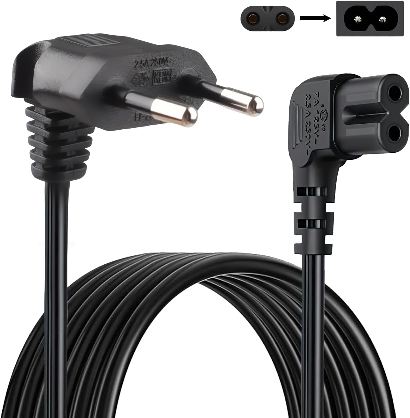 1,5 M Langes Netzkabel Mit 90°-winkelstecker (2-polig, C7-euro-buchse), 2,5 A, 250 V, Geeignet Für Samsung, Ps5, Xbox Und Andere Elektronische Geräte, C7-eu-stecker, Schwarz