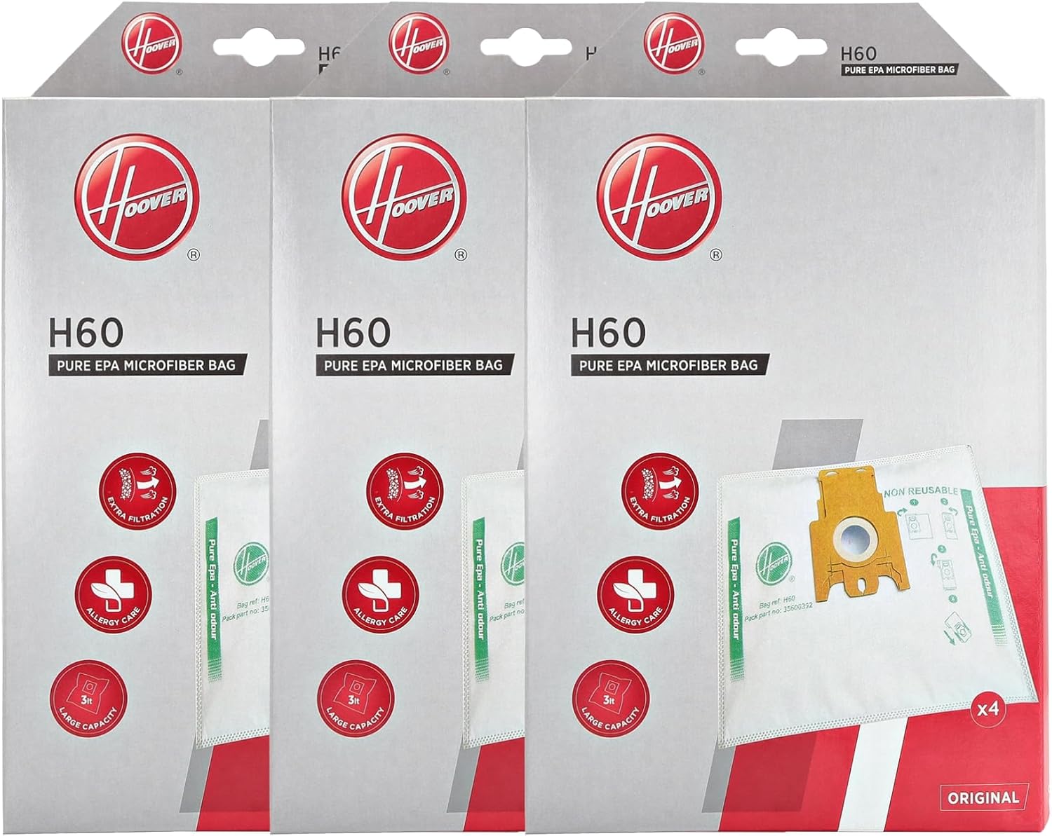 H60 3er-pack Mit 4 Original Pure Epa Mikrofaserbeuteln, Anti-geruchssystem Mit Aktivkohle, Kompatibel Mit Kanisterstaubsaugern