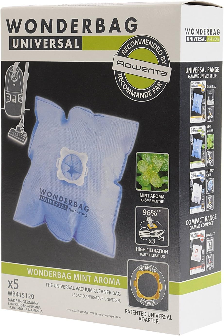 5er-pack Wonderbag Original Mint Aroma-beutel, Kompatibel Mit Kanisterstaubsaugern, Patentierter Universaladapter, Hochbeständig, Hohe Filterleistung Wb415120