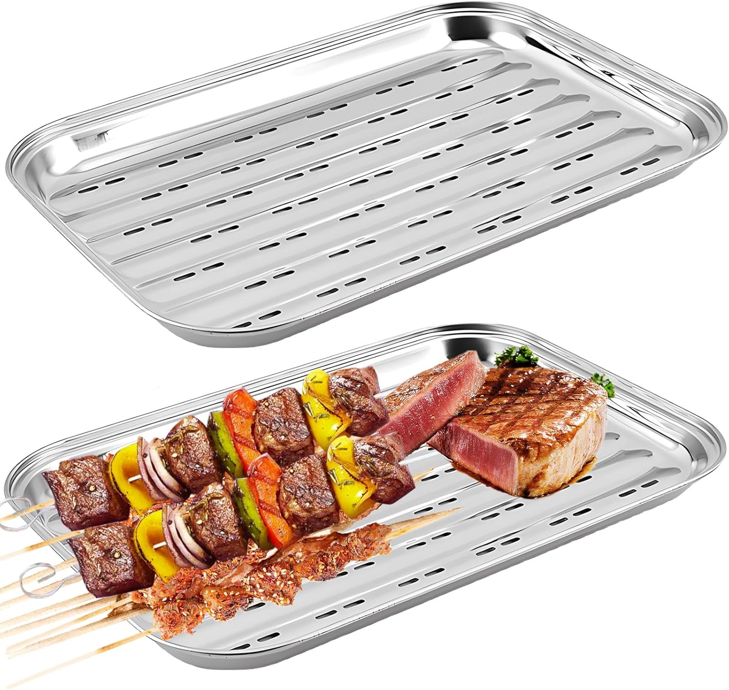 2 X Grillschalen Aus Edelstahl: 34,9 X 24,5 X 2,7 Cm. Wiederverwendbarer Garbehälter, Gemüsekorb, Zubehör Zum Grillen Von Gemüse, Fisch Oder Fleisch.