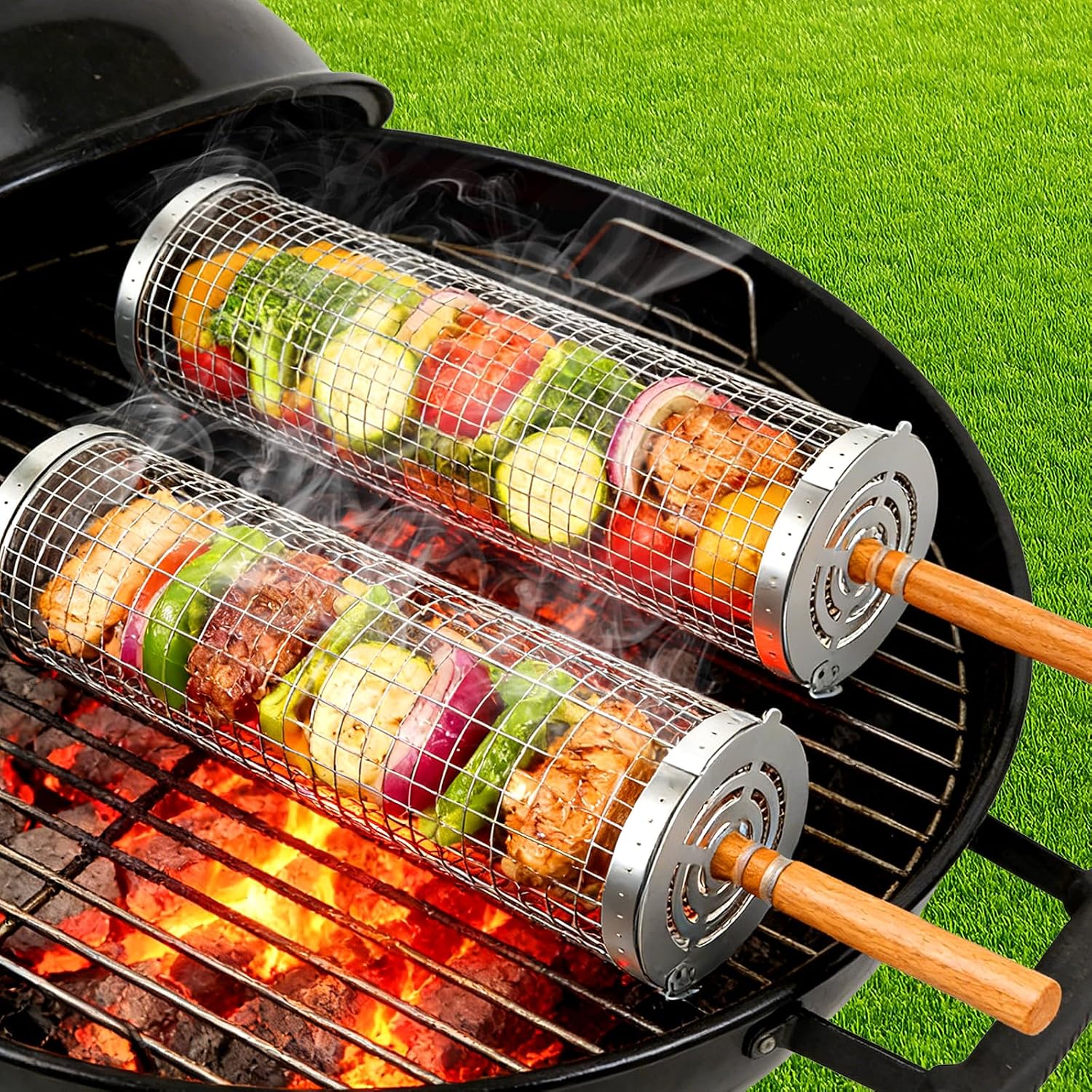 Grillkorb-set Aus Edelstahl Mit Holzgriff – 2 Drehbare Und Faltbare Kochkörbe, 31 X 10 Cm + 30 X 9 Cm, Für Gemüse, Fleisch, Fisch Auf Dem Grill Und Am Lagerfeuer