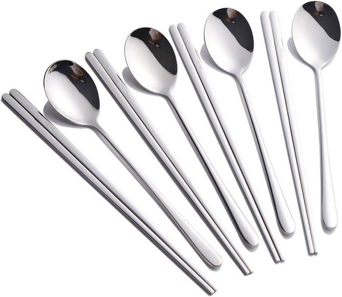 Set Aus 4 Edelstahllöffeln Und Essstäbchen Für Das Abendessen, Koreanisches Löffel- Und Essstäbchenset (8-teilig, Silber)