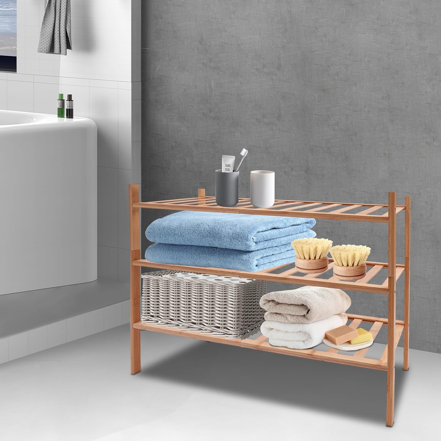 3-stock-badezimmer-aufbewahrungshalter, Freistehender Bambus-multifunktions-aufbewahrungshalter, Bad, Wohnzimmer, Schlafzimmer, Holzfarbe, 68,6 28 50cm