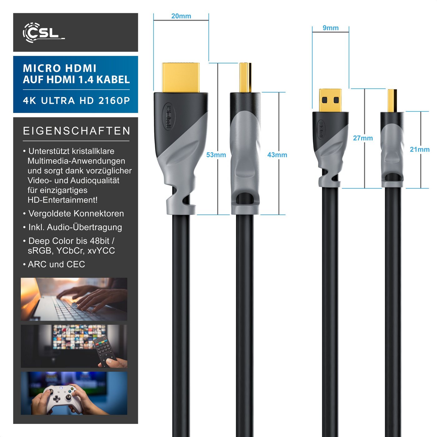 Csl Hdmi Typ D (micro) 2.0 Zu Hdmi Typ A Kabel, 4k, Ethernet, Ultra Hd 2160p (3840 × 2160 Pixel) - 3m Bild 5