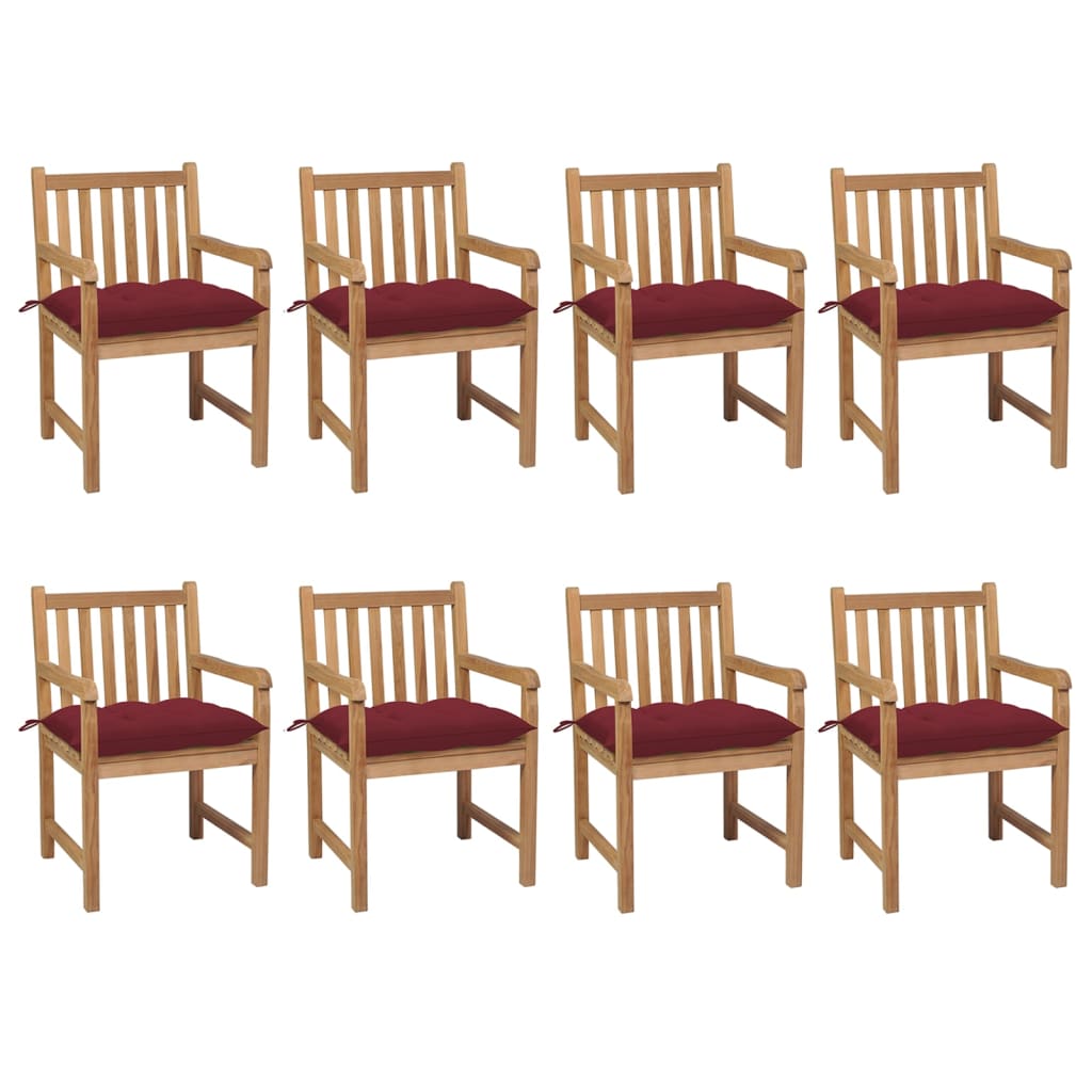 Gartenstühle 8 Stk. Mit Weinroten Kissen Massivholz Teak