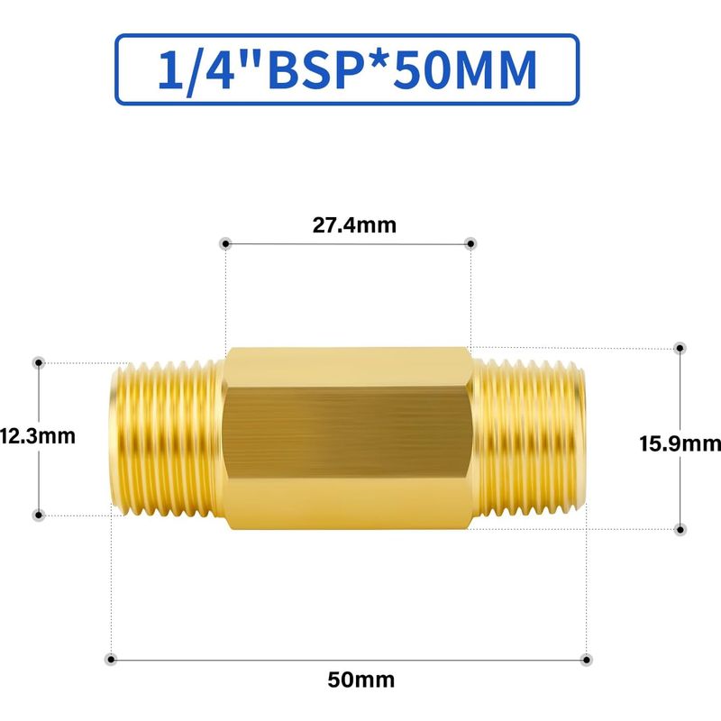 Zweiteilige Messing-rohrverschraubung, Lange Verschraubung, 1/4" Bsp-außengewinde, 50 Mm Länge, Verlängerungsverschraubung