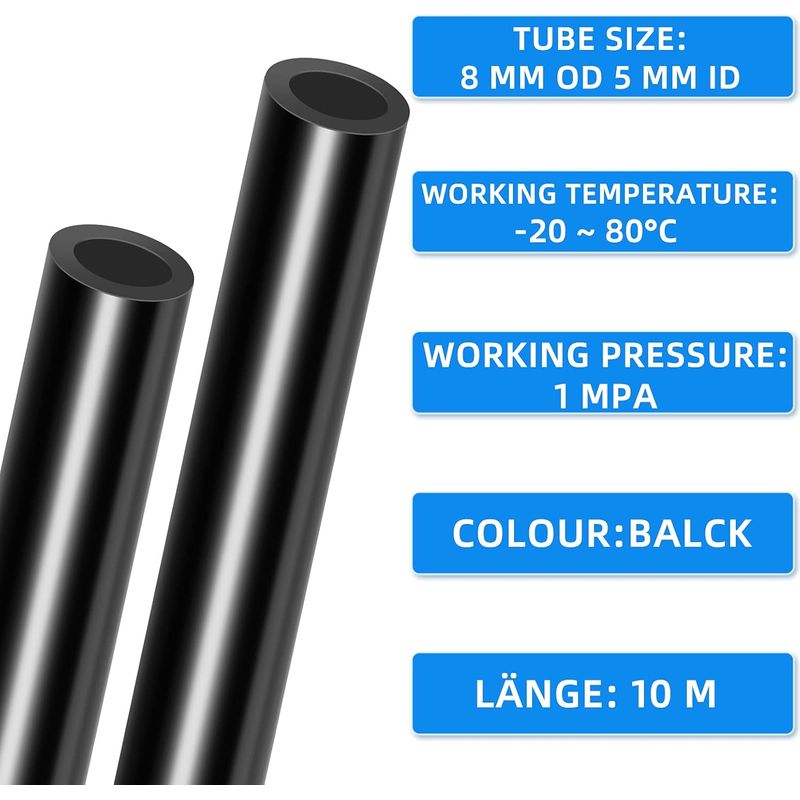 10 M Pu-polyurethan-luftschlauch, Schwarz, 8 Mm Außendurchmesser X 5 Mm Innendurchmesser, Mit Anschlüssen