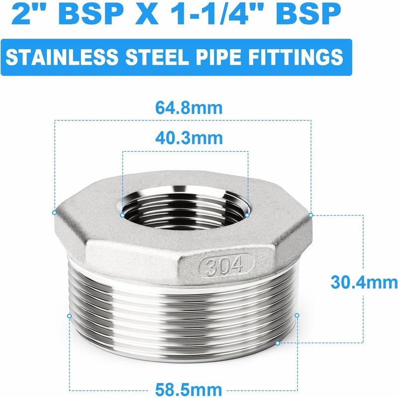 Zweiteiliger Sechskant-reduzierverbinder, 2" Bsp-außengewinde Auf 1-1/4" Bsp-innengewinde, Schlauchadapter-reduzierstück Aus Edelstahl 304