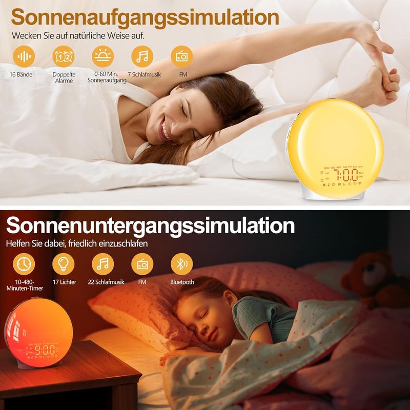 Bluetooth-wecker Mit Licht, Beleuchtetem Radio, Nachttischlampe Mit 20 Helligkeitsstufen, Sonnenaufgangs- Und Sonnenuntergangssimulator, 2 Weckzeiten, 22 Naturgeräuschen, Schlummerfunktion, 17 Farben,