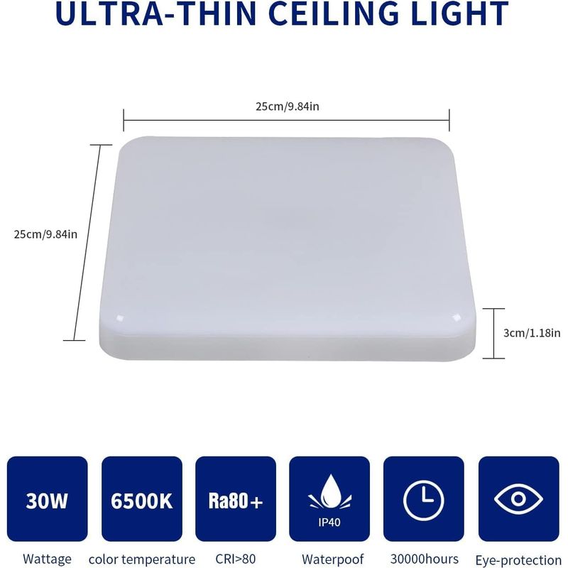 32-w-led-deckenleuchte, Quadratisch, 2 Stück, Ip54 Wasserdicht, 3600 Lm, 6500 K Kaltweiß, 25 Cm Durchmesser, Geeignet Für Bad, Küche, Flur Und Balkon