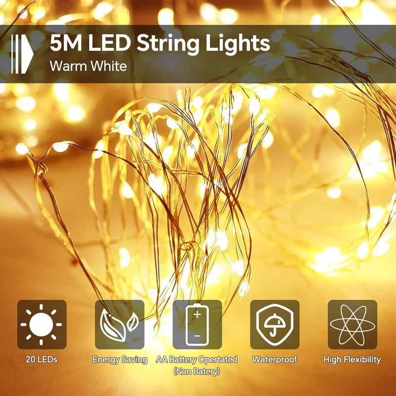 5 Meter Lange Lichterkette Mit 50 Leds, Batteriebetrieben, 2 Leuchtmodi, Warmweiß, Wasserdicht, Für Weihnachtsdekoration, Flaschen, Hochzeiten, Gärten, Partys, 2er-pack