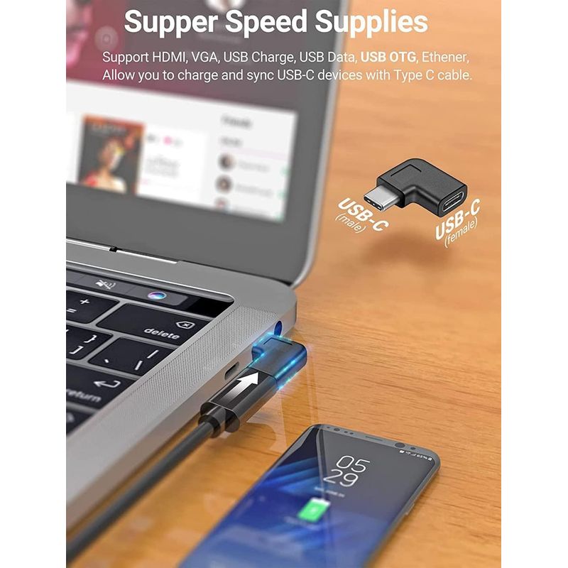 2-teiliger 90-grad-usb-c-stecker Auf Usb-c-buchse Typ-c-adapter, Rechtwinkliges Und Linkswinkliges Usb-c-auf-usb-3.1-typ-c-verlängerungskabel Für Tablets, Mobiltelefone Und Laptops