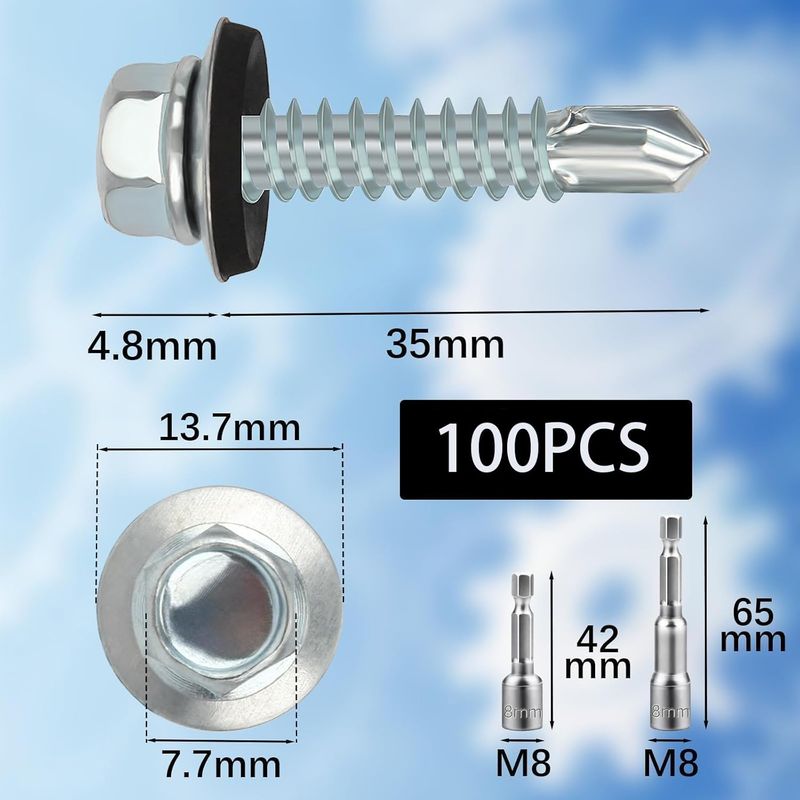 Packung Mit 100 Selbstschneidenden Schrauben, 4,8 X 35 Mm, Mit Dichtscheibe Und 2 M8-bits, Verzinkt