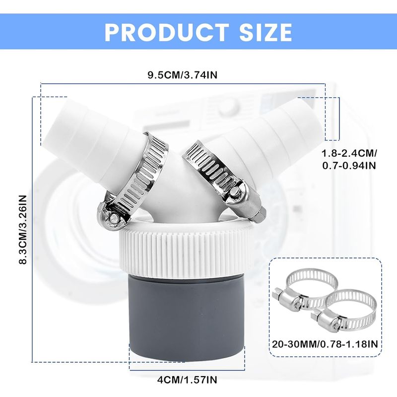 Y-adapter Für Doppelablauf Von Waschmaschine, Geschirrspüler Und Trockner, Dn40 Auslass Ø40 Mm 1½", Einlass 18–24 Mm, Mit 2 Edelstahlklemmen 20–32 Mm, Für Siphon
