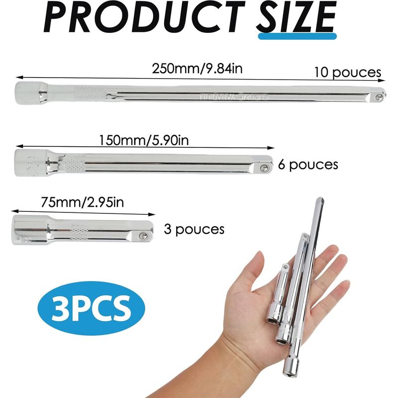 3-teiliges 3/8"-verlängerungsset: 75 Mm, 150 Mm, 200 Cm, 3/8"-ratschenverlängerungen, Schwenkbare Verlängerungen, Ratschenverlängerungen Aus Chrom-vanadium-stahl Für Schwer Zugängliche Stellen, Polier