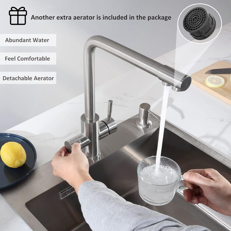 Pure-i 3-wege-küchenarmatur, Spültischmischer Mit Zwei Wasserauslässen: Gefiltertes Wasser Und Warm-/kaltwasser – 360° Schwenkbarer Auslauf Aus Gebürstetem Edelstahl 304