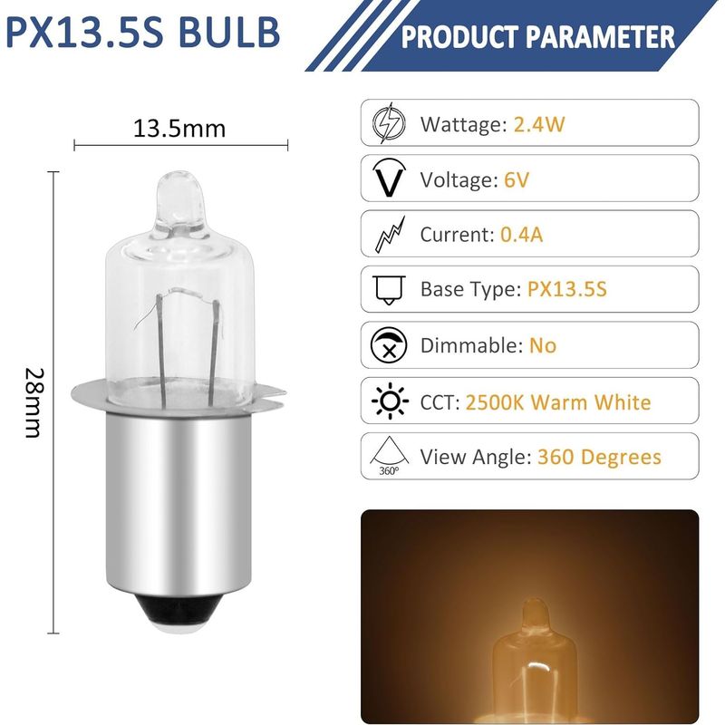 2er-pack Miniatur-halogenlampen Hs3 2,4 W 6 V, Px13.5s-sockel, Warmweiß 2500 K, Als Ersatzlampen Für Fahrräder Und Taschenlampen