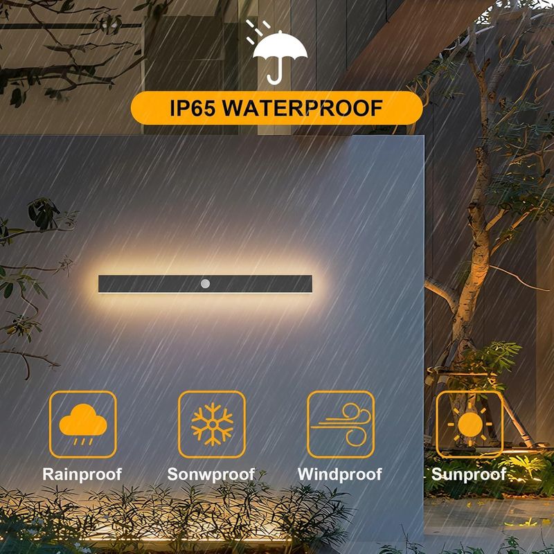Lange Außenwandleuchte Mit Bewegungsmelder, Schwarze Led-außenwandleuchte, Ip65 Wasserdicht, Warmweißes Licht (3000 K), Für Garten Oder Garage, 60 Cm