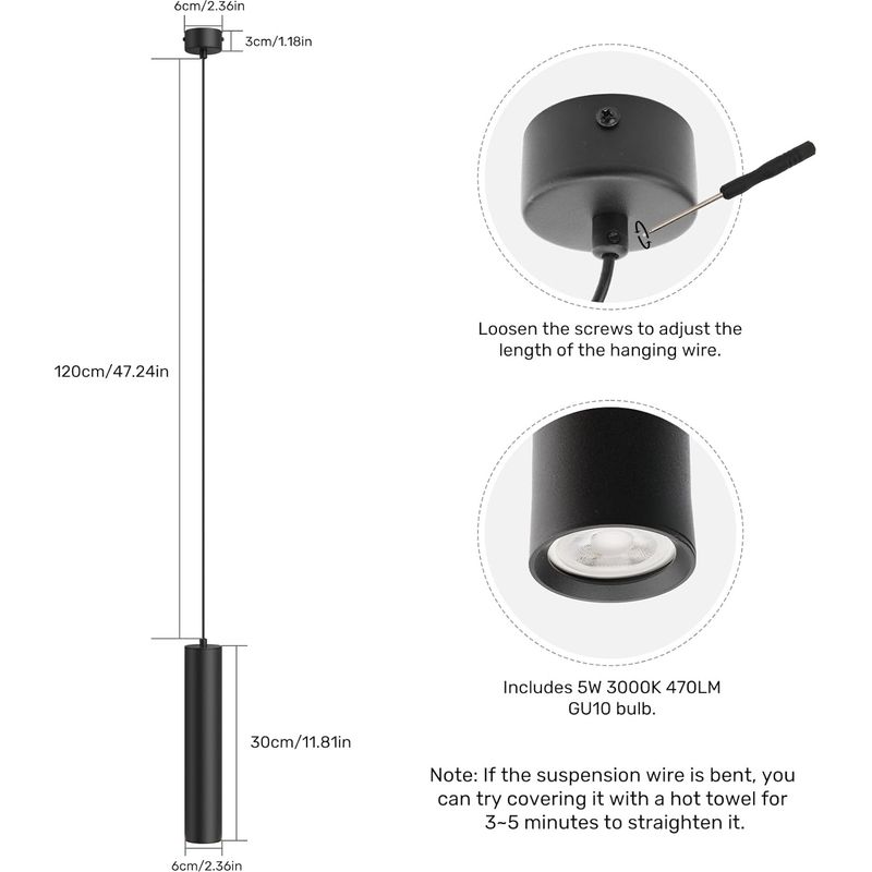 Zweiteilige Gu10-zylinder-pendelleuchte, Moderne Led-pendelleuchte Mit 5-w-leuchtmittel (472 Lm), Für Wohnzimmer, Schlafzimmer, Küche, Nachttisch, Warmweißes Licht (3000 K), 30 Cm, Schwarz