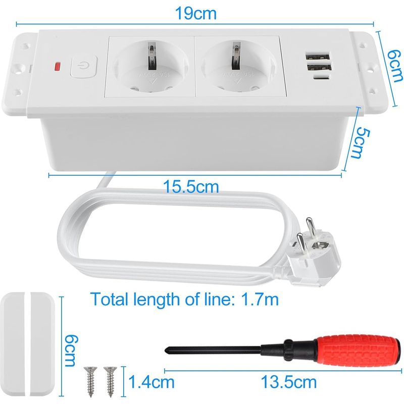 Einbau-steckdosenleiste Mit Usb-a- Und Usb-c-anschluss, Pd20w, Einbau-steckdosenleiste Für Arbeitsflächen Mit 1,7 M Kabel Für Küche, Büro Und Möbel – Weiß