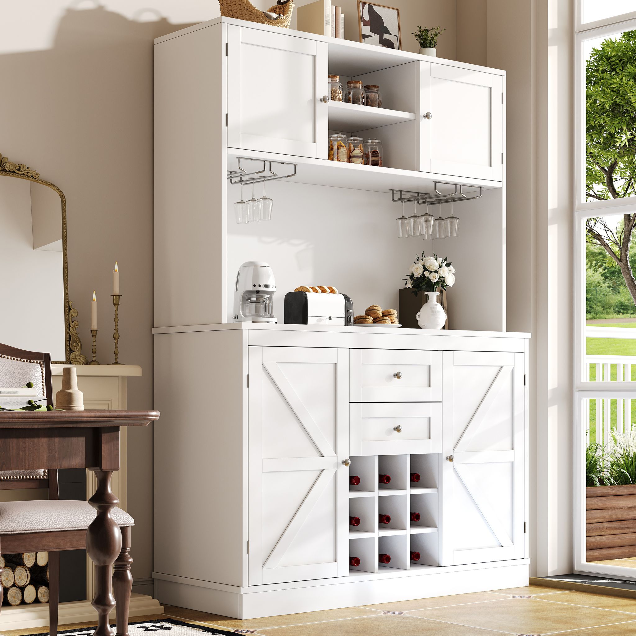 Küchenschrank Mit Verstellbaren Ablagen & Weinregal, Hochschrank Küchenbuffet Mit 4 Türen & 2 Schubladen, Sideboard Für Küche & Wohnzimmer, Buffetschrank, Weiß
