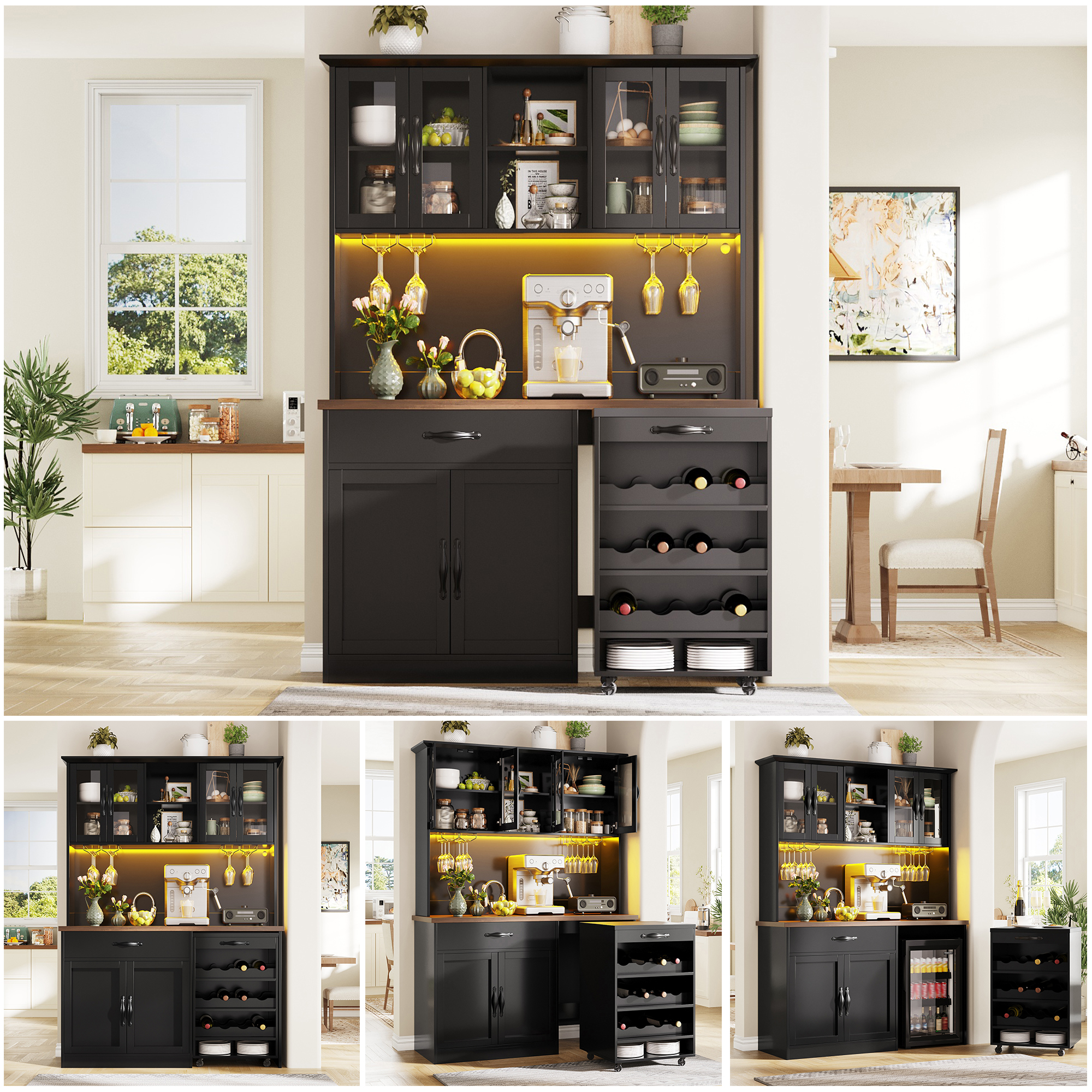 140cm Küchenschrank Mit Rollwagen, Hochschrank Mit Led-beleuchtung, Pantryschrank Mit Weinglasregal & Weinregal, Beleuchteter Sideboard Schrank Für Wohnzimmer, Esszimmer