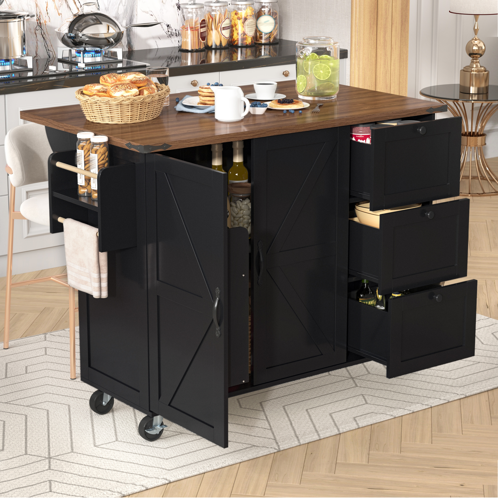 Kücheninsel, Servierwagen Mit Ausziehbarer Arbeitsplatte, Küchenschrank,küchentrolley,speisewagen Mit Holzmaserung, Speisewagen Mit Zwei Türen Und Drei Schubladen