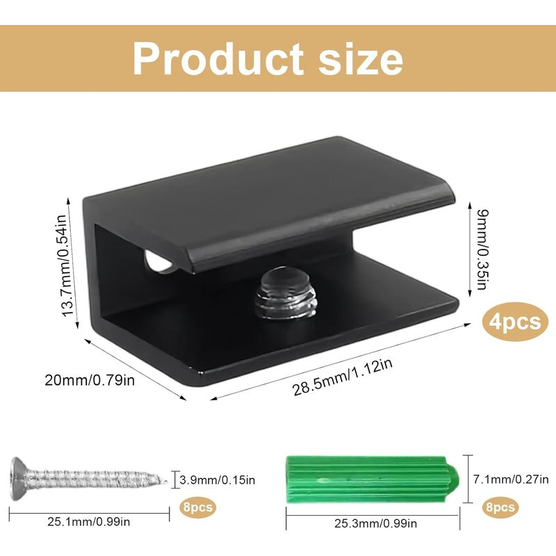 4-teiliges Set Verstellbarer Glasklemmen, Schwarze Glasklemmen Aus Aluminiumlegierung Mit Vorgebohrten Löchern, Für Glasstärken Von 5-8 Mm