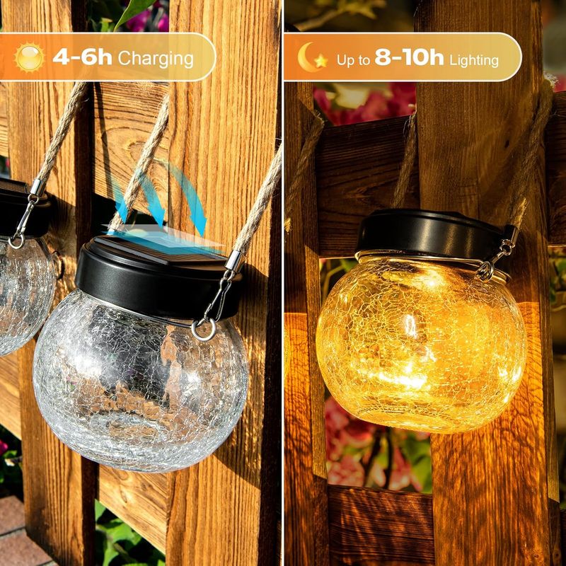Set Mit 2 Solar-gartenlaternen Für Den Außenbereich, Ip65 Wasserdicht, Kugeln Aus Crackle-glas, Hängeleuchten Mit 2 Modi (warmes Bernstein & Rgb-farbwechsel) Für Terrasse, Baum Und Partydekoration