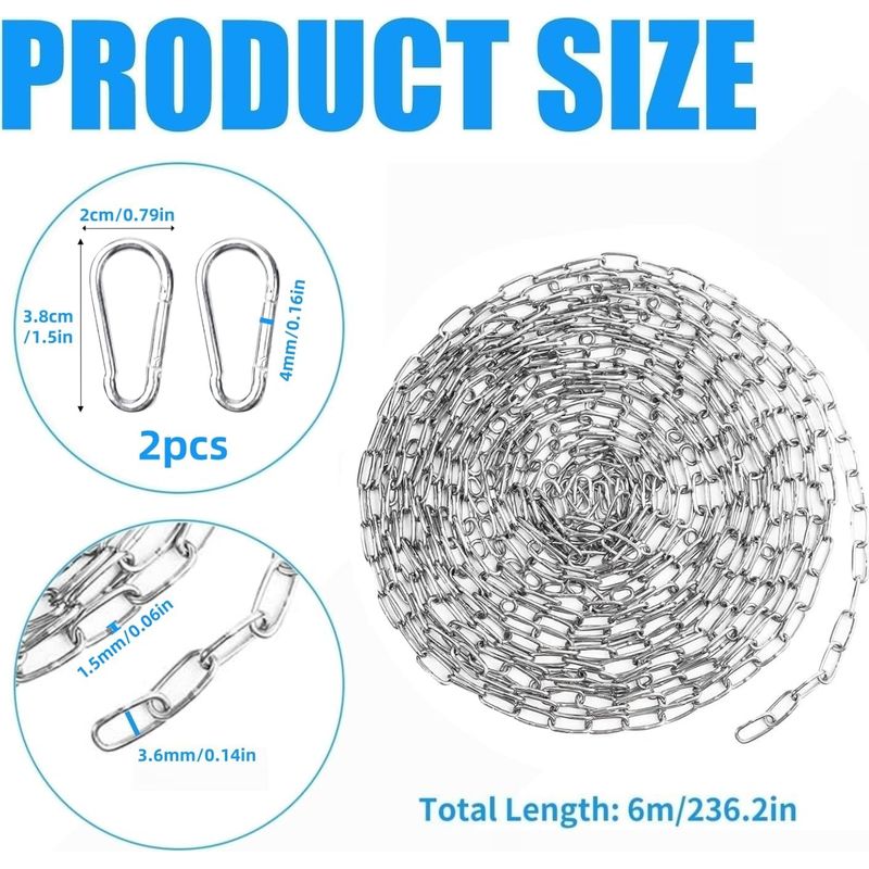 Edelstahlkette 304, 6 M Lange Stahlkette Mit 2 Flachhaken, 1,5 Mm Dicke Sicherheitskette, Edelstahlkette Zum Selberbauen Für Zäune, Spaziergänge Und Hundeketten