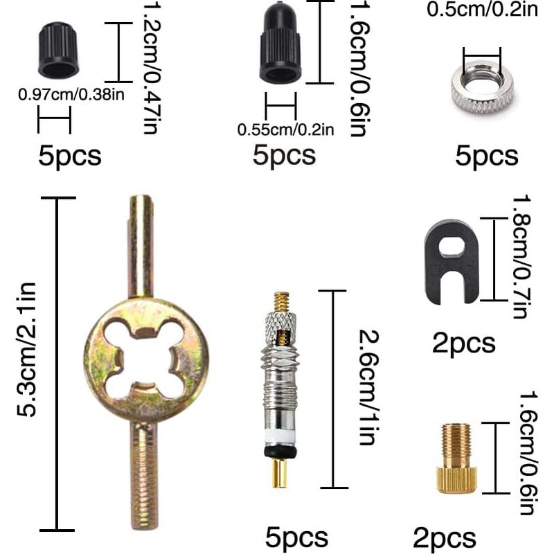 Sclaverand 25-teiliges Ventil-reparaturset – Presta-adapter, Fahrradreifenwerkzeug, 5 Ventile, 2 Schrader-adapter, Kappen, 2 Schraubenschlüssel, 5 Muttern