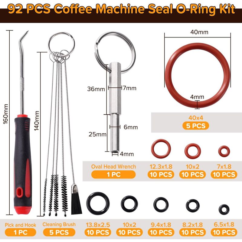 92-teiliges O-ring-set Für Kaffeemaschinen, Silikon-stützventil-o-ringe, Mit Ovalschlüssel, Reinigungsbürste, Plektrum Und Haken, Kompatibel Mit Philips, Saeco, Spidem Und Gaggia