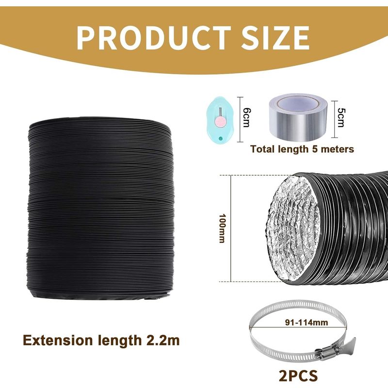 Ø100 Mm Abluftschlauch 2,2 M, Flexibler Aluminium-lüftungsschlauch Mit 2 Edelstahl-schlauchschellen Und 1 Aluminium-klebeband Für Klimaanlagen, Wäschetrockner Und Abluftanlagen