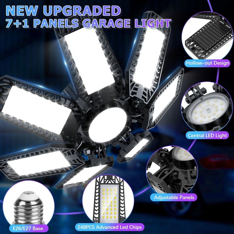 200-w-led-garagenleuchte, Flexible Werkstattleuchte Mit E27/e26-fassung Und 7+1 Verstellbaren Paneelen, 20.000 Lm, 6500 K Kaltweiße Led-deckenleuchte Für Keller, Werkstatt, Lagerhalle Und Büro