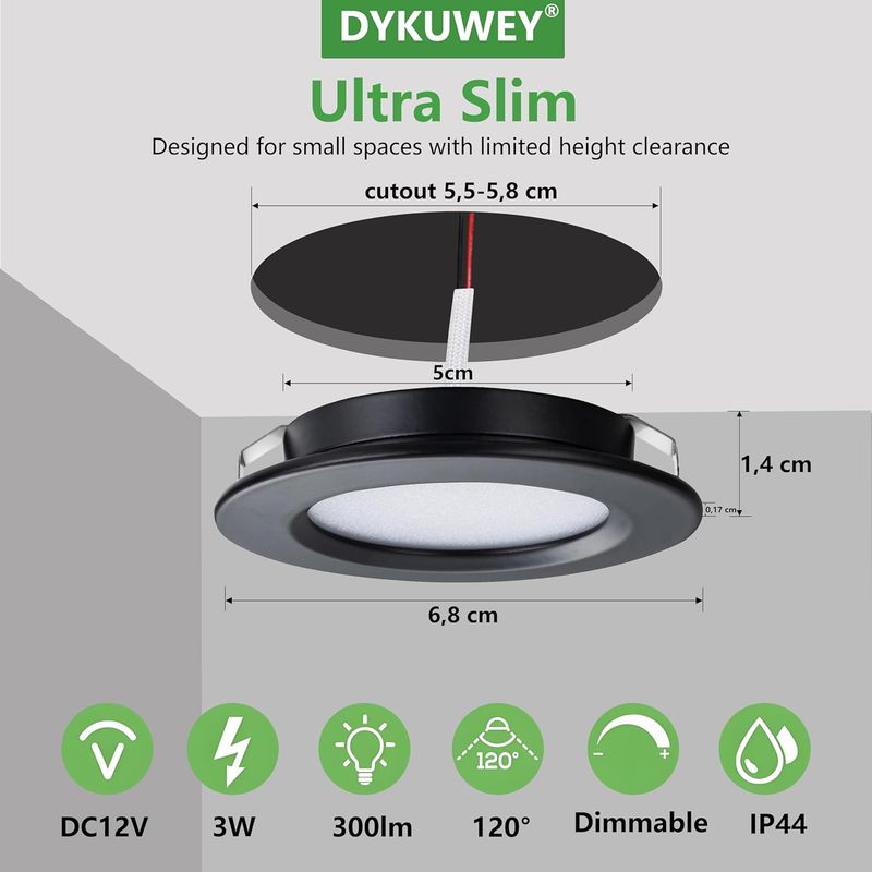 Led-einbaustrahler, Dimmbarer 12-v-led-strahler, 3-w-extraflacher 14-mm-einbaustrahler, Ip44-badezimmerstrahler Mit 55-mm-bohrung, Deckenstrahler Für Wohnmobilküchen, 4er-pack (schwarz, Warmweiß 3000