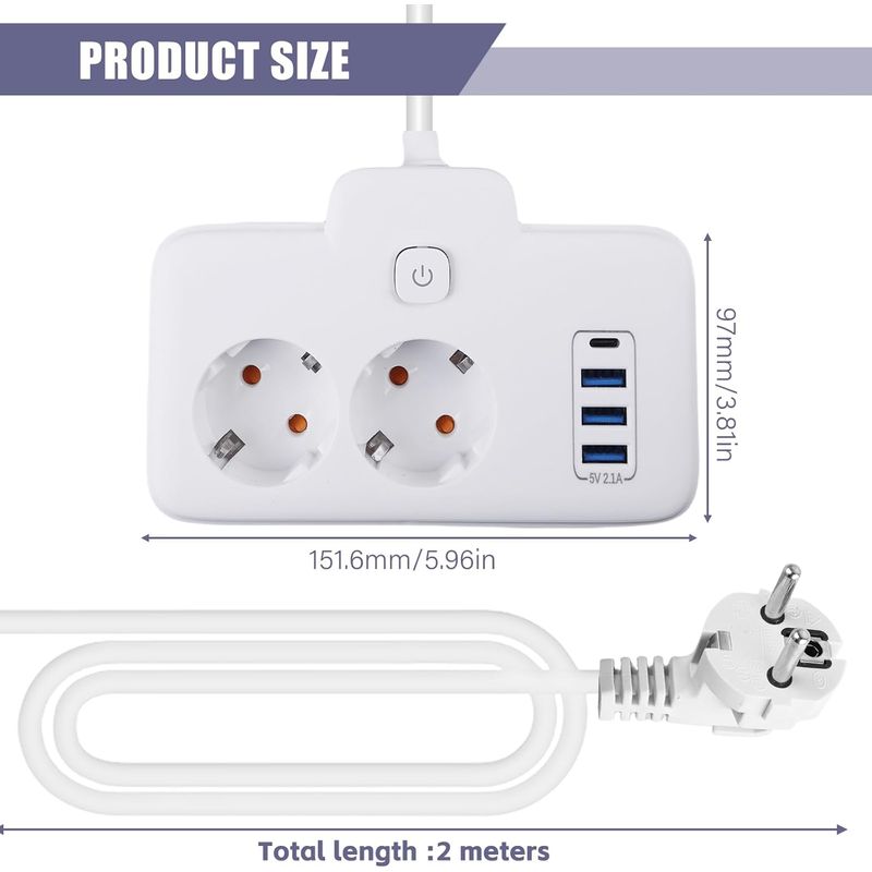 2-fach Steckdosenleiste Mit 2 M Verlängerungskabel, 3 Usb-anschlüssen Und 1 Typ-c-anschluss, Ideal Für Büro, Zuhause Und Reisen – Praktisches Verlängerungskabel Mit Steckdosenleiste