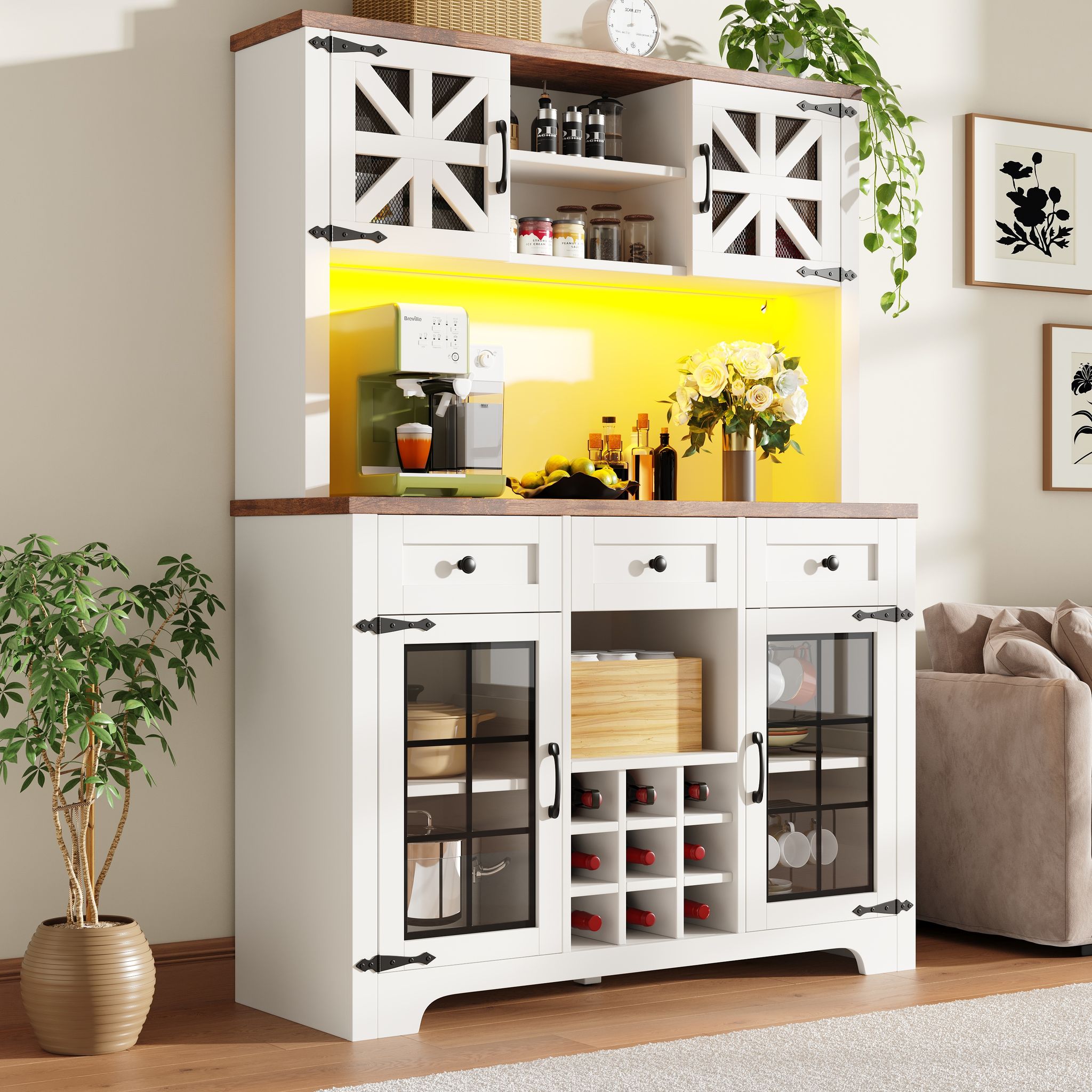 Moderner Hochschrank, Küchenschrank Mit Smart Led Beleuchtung, Hochschränke Fürs Wohnzimmer,seitenschrank Mit Weinregal Und Kippsicherung, Verstellbare Einbauregale, Modernes Schranktürdesign