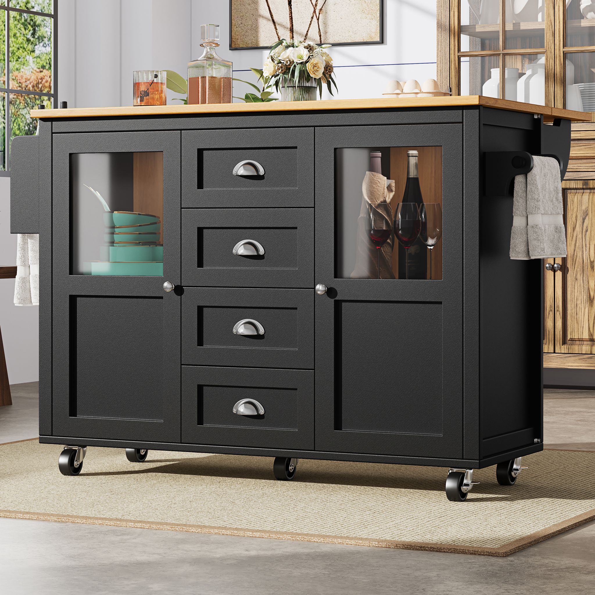 Kücheninsel,küchenschrank,buffetschrank,120x73(45)x93cm,ausziehbarer Küchenwagen Mit Rollen, Handtuchhalter, Gewürzregal, Verstellbaren Einlegeböden, Zwei Türen, Vier Schubladen, Weiß/schwarz