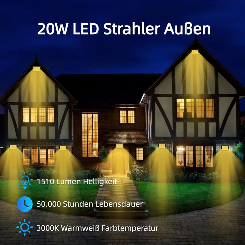 Set Mit 2 Led-flutlichtern (20 W), Superhelle 1510 Lm, Warmweißes Licht (3000 K), Wasserdicht (ip66), Sicherheitsbeleuchtung Für Garten, Terrasse, Hof, Eingangsbereich Und Garage (stecker Nicht Im Lie