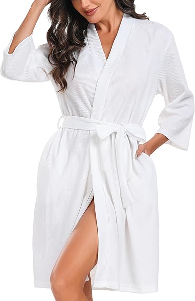 Kurzer Damen-waffelstrick-bademantel, Weiche Und Leichte Knielange Loungewear, V-ausschnitt Mit Gürtel – 1 Stück