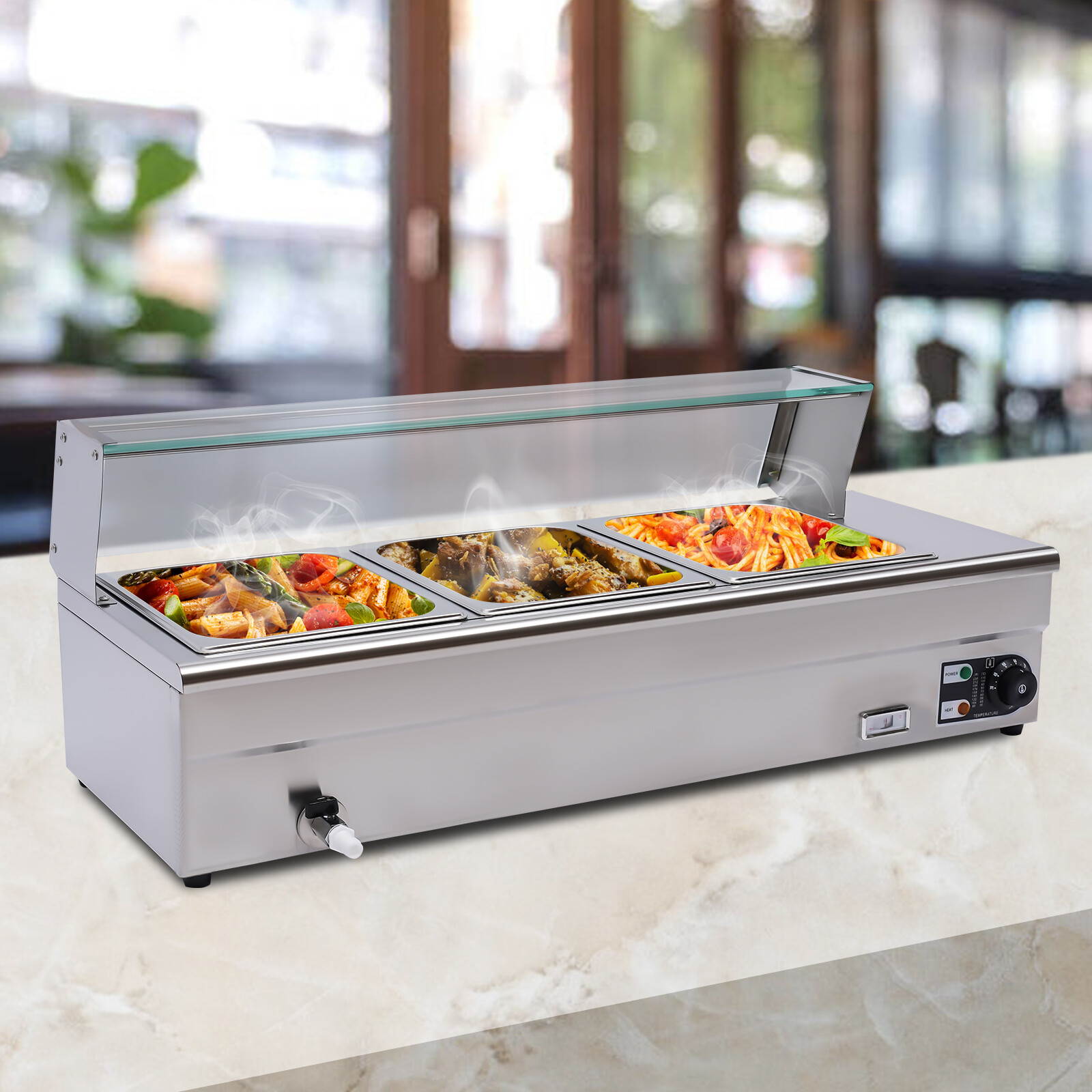 Wärmeschrank Für Speisen, Ausgestattet Mit 3 Kochplatten Im 1/2-gn-format, Professioneller Dampfschrank Aus Edelstahl, 1 200 W, Fassungsvermögen 6,34 Liter