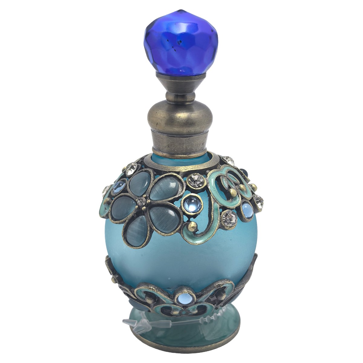 Dekorativer Parfümflakon Aus Metall Und Blauem Glas Mit Eleganten Details