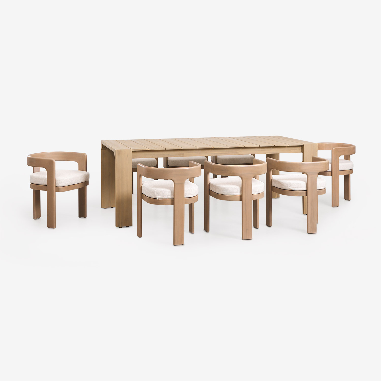 Sklum Set Aus Rechteckigem Esstisch 220x100 Cm Aus Akazienholz Mirelen Und 8 Gartenstühlen Aus Akazienholz Und Bouclé-stoff Kandroa Helles Akazienbraun