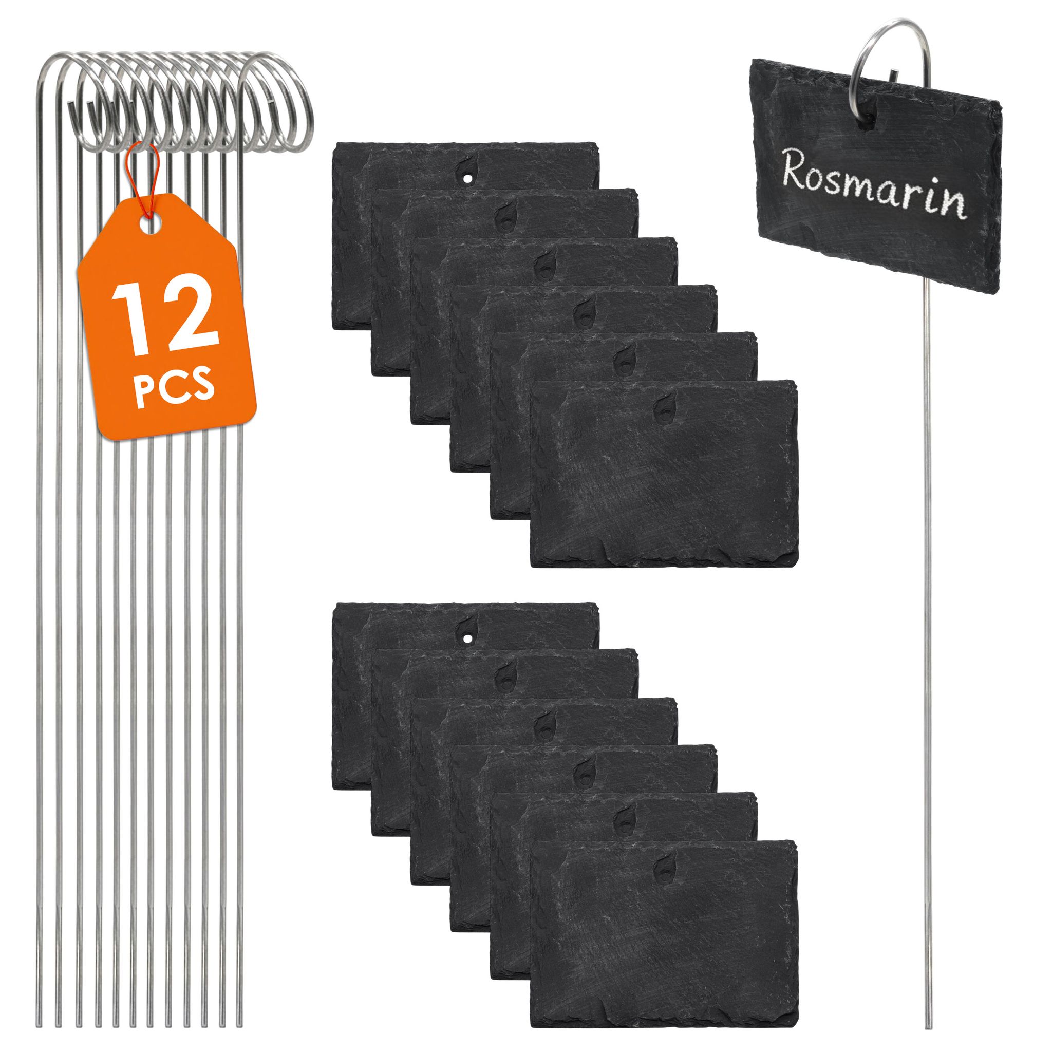 Schieferplatte Pflanzenschild 10x7 Cm Mit Erdspieß - 12er Set - Schiefer Pflanzenstecker Mit Metallspieß Witterungsbeständig